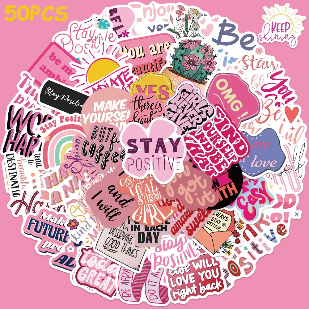 50pcs Pink Inspirational Phrases Stickers Aesthetic Decals Laptop Skateboards Luggage Guitar Notebook Waterproof Vinyl Sticker