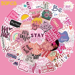 50 Stuks Roze Inspirerende Zinnen Stickers Esthetische Stickers Laptop Skateboards Bagage Gitaar Notebook Waterdichte Vinyl Sticker