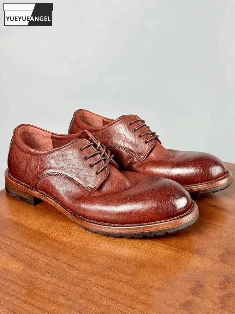 

Office Men Genuine Leather Dress Shoes Handmade Horsehide Round Toe Derby Shoes Lace Up Vintage Business Casual Work Shoes Male