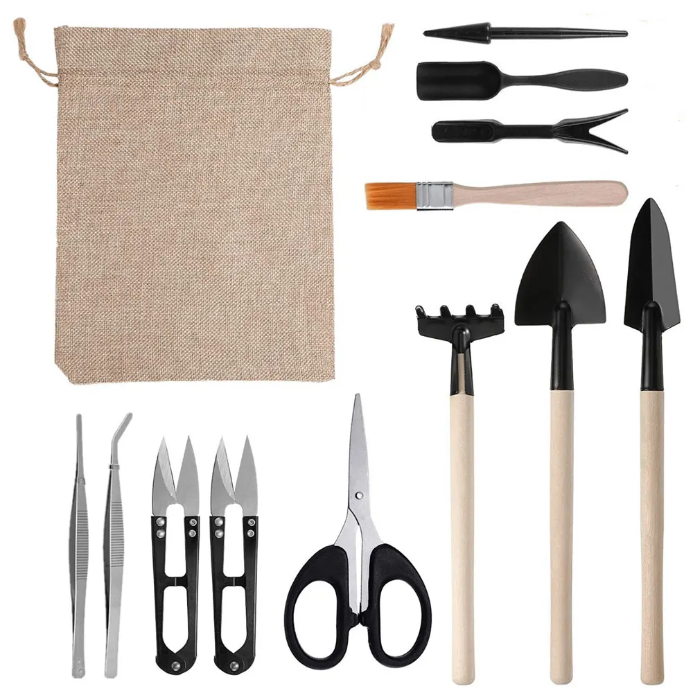 13pcs Mini Garden Shovel Rake Spade Scissors Bonsai Tools Set Wooden Handle Scissors for Flowers Potted Plant Garden Weeding