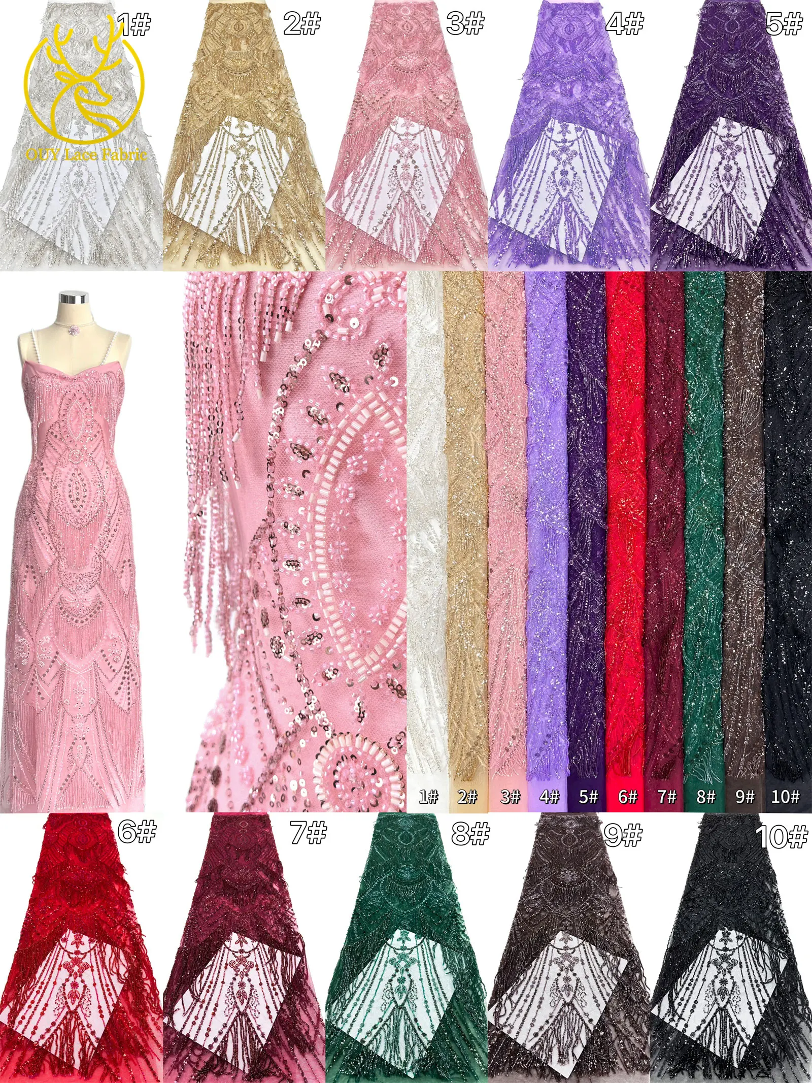 Roter 3D afrikanischer nigerianischer Perlen-Spitzenstoff, französischer Pailletten-Tüll, bestickter Spitzenstoff für Damen, Hochzeitsdekoration, Kleid, Nähen – Detail 4