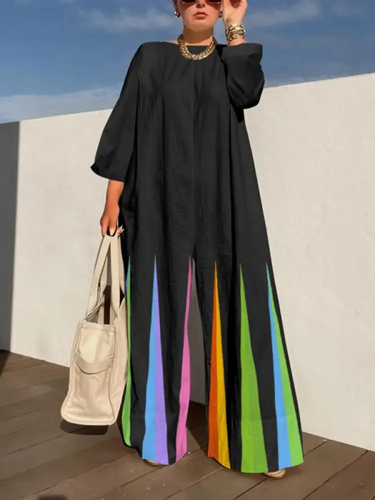 Modigirl Vrouw 2024 Nieuwe Collectie Jumpsuit Lange Mouwen Oversized Kleurrijke Gestreepte Wijde Pijpen Broek Eendelig Pak Voor Dames