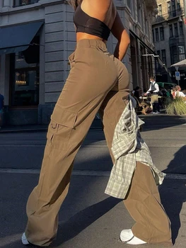 Women's Plain High Waist Cargo Pants, Street Fashion Casual Pocket Button Trousers for Daily Wear, Ladies Bottoms for All Season 2