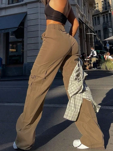 Imagen 2 del producto Pantalones cargo lisos de cintura alta para mujer, pantalones casuales con botones y bolsillo de moda urbana para uso diario, pantalones de mujer para todas las estaciones