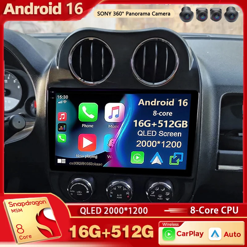 Autoradio Android 16 pour Jeep Compass Patriot 2010-2016, écran QLED 2K, lecteur multimédia vidéo, GPS, commande vocale IA, CarPlay, unité centrale