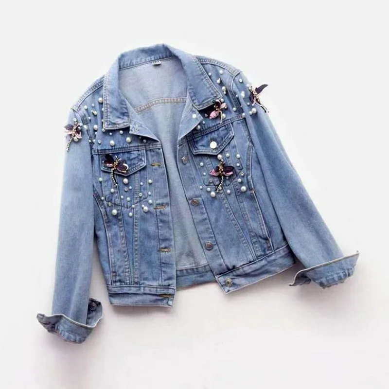 Luxury Jean Jacket for Women Embroidery Trend Denim Coat Women Cropped Jacket Beads Design  Single-breasted  Top Coats New
