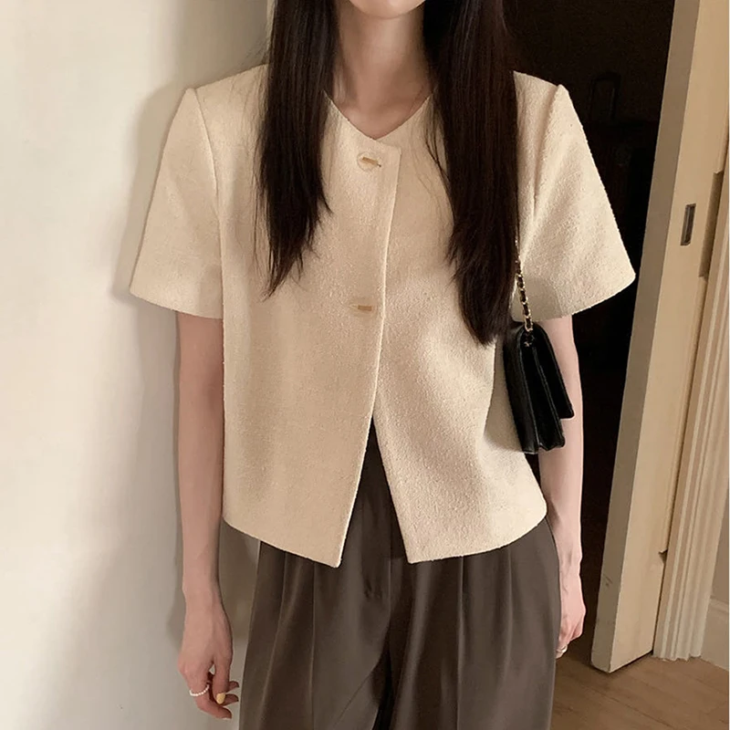 Coreano Chic Estate Vintage rotondo Ne Due bottoni Allentato ort Sve Tessuto grossolano Capispalla da donna Pendolarismo Sle Colore puro