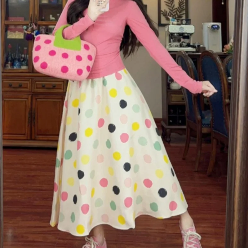 

Sweet Pink Yellow Polka Dot Full Skirts Japanese Mori Girl Sweet Y2K Skirt Elastic Waist Mid Length Young Girls Kawaii Summer