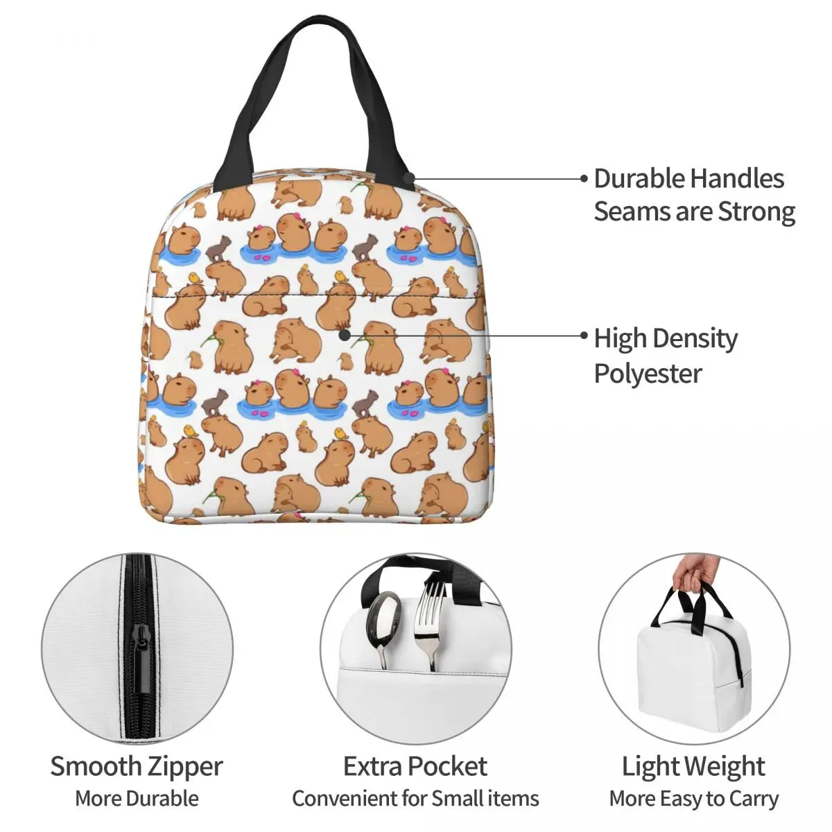 Capybara Pattern Insulated Lunch Bags Thermal Bag Lunch Container Kawaii Animal Large Tote Lunch Box Bento Pouch College Travel