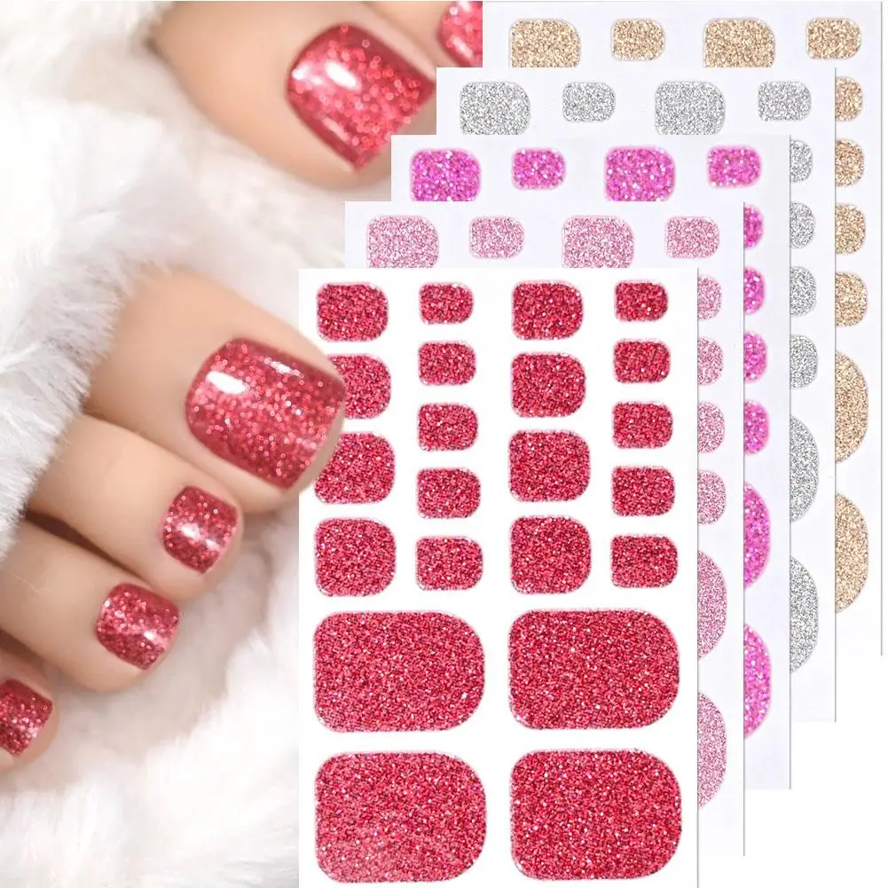 22Tips Summer Glitter Toe Nail Stickers Full Cover Nail Wraps Solid Color Adhesive Toenails Decals for Women DIY Foot wholesales