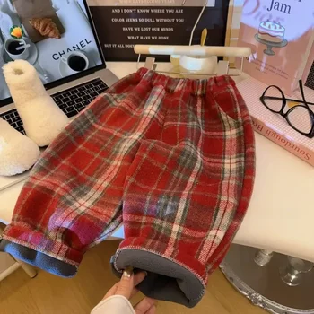 2025 Autumn and Winter New Trendy and Fashionable Children's Plush Casual  Versatile Checkered Straight Leg Pants Korean Version 2