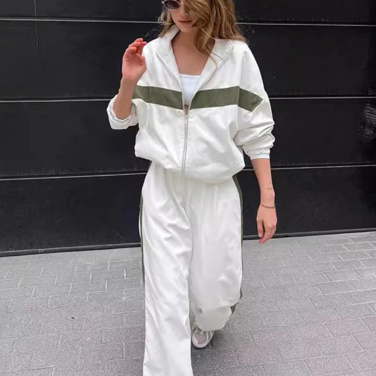 European American new casual color contrasting splicing sweater sports suit autumn temperament commuter two-piece set women