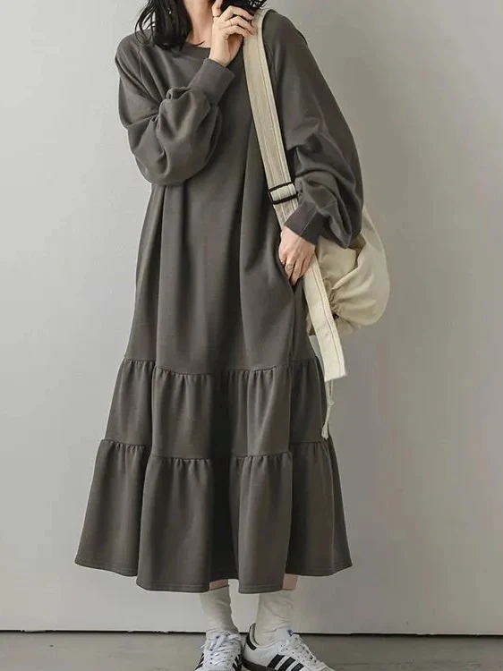 

plus Size Autumn Winter Fleece Long Sleeve Dress A-Line Maxi Skirt Style Casual Loose Fit Polyester Fabric Gathered Hemline