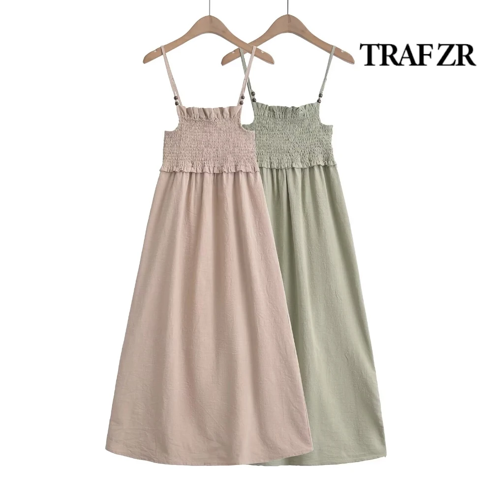 TRAF ZR Camis Midi Dress for Women Shirring Bustier Spaghetti Straps Summer Outfit Ruffled Skirt Vacation Dress Women's Sundress