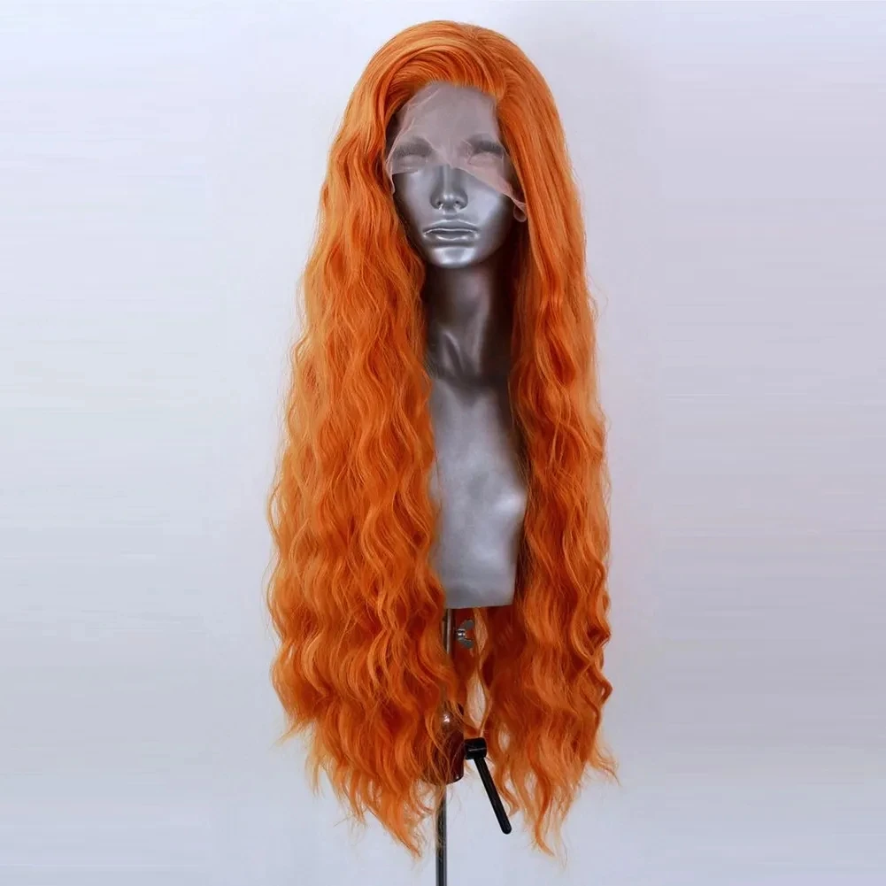 Deep Wave Orange Colored Glueless Lace Front Wig For Women Synthetic Hair Wigs Glueless Soft 180%Density Preplucked Cosplay