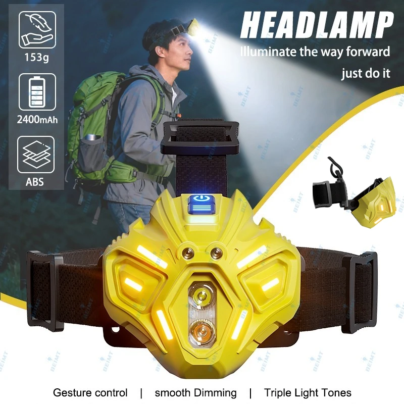 Outdoor Headlamp Wave Activation Technology Multi Light Sources 2400mAh Rechargeable Battery Waterproof Construction Headlight