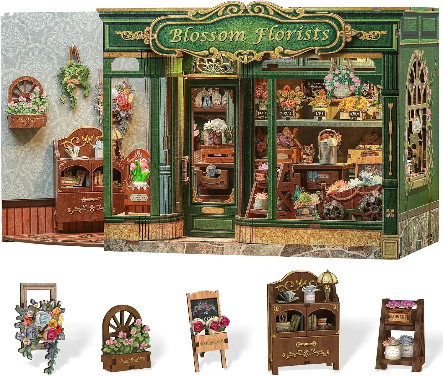 Book Nook Kit - DIY Miniature Flower Shop Booknook Kits for Adults and Teens, 3D Wooden Puzzle Bookend Bookshelf with LED Light,