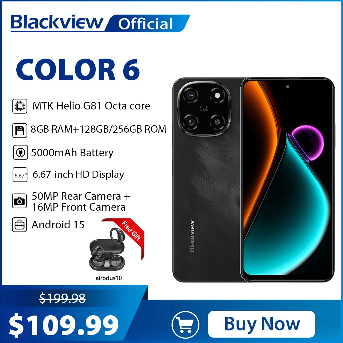 

Смартфон Blackview COLOR 6,67 дюйма, дисплей MTK G81, 8 ГБ ОЗУ, 128 ГБ/256 ГБ ПЗУ, 50-мегапиксельная камера, аккумулятор 5000 мАч, мобильный телефон Android 15