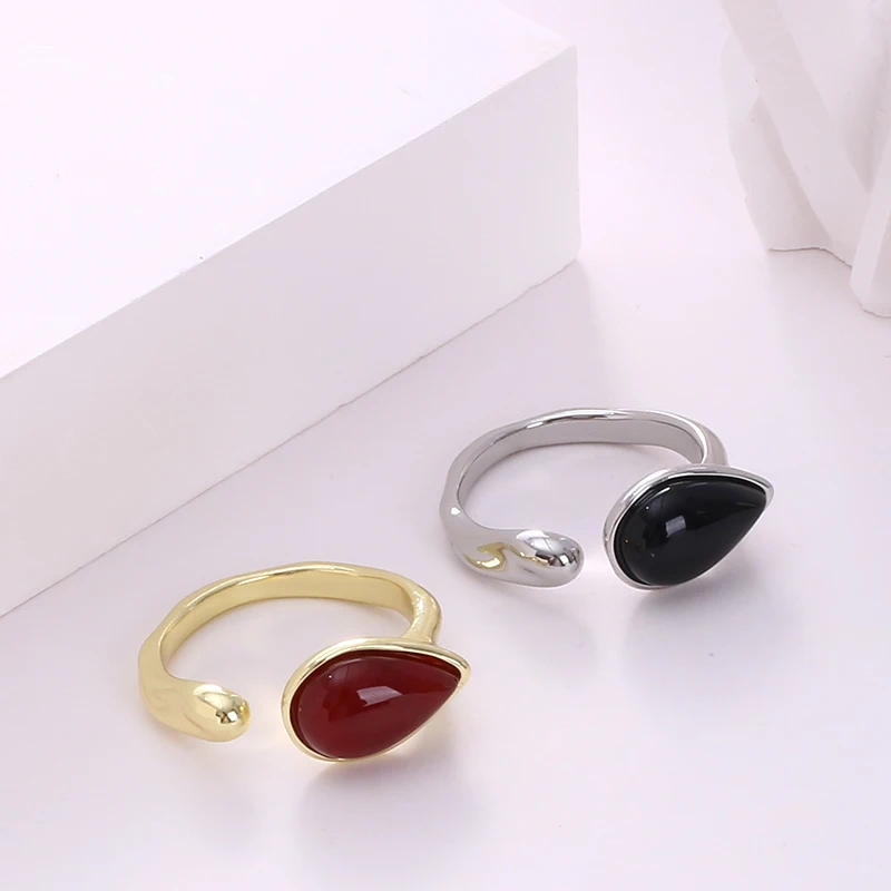 Hong Kong Ethos Personality Simple Drop Egg Face Red Agate Black Agate Index Finger Light Luxury Niche Commuter Open Ring