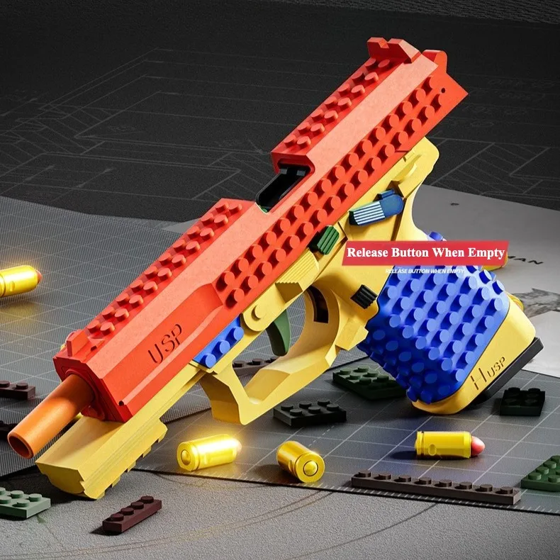 SIG17/USP Bausteine-Spielzeugpistole mit Hülsenauswurf, Dauerfeuer, Airsoft Blowback, leere Hülse hängend, Spielzeugpistole für Outdoor CS-Spiele – Detail 10
