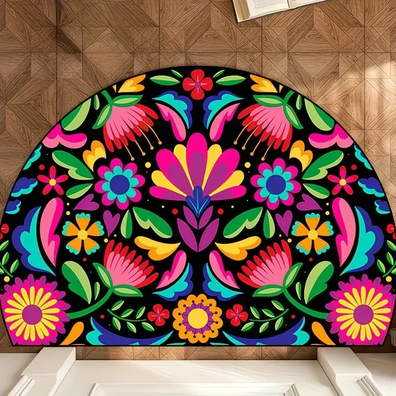 Vibrant Flower Semicircular Welcome Mat Aesthetic Half Moon Entrance Rug Non Slip Washable Floor Carpet Front Door Decor
