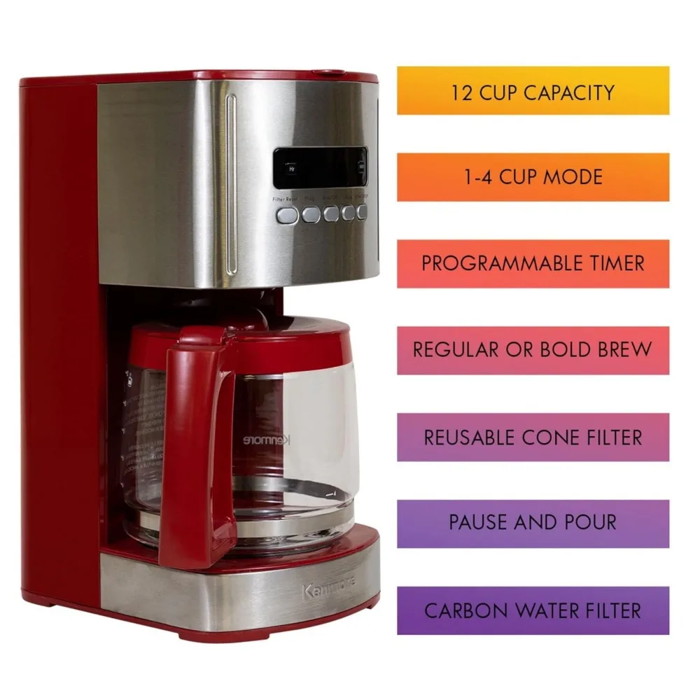 Control 12-cup Programmable Coffee Maker, Red and Stainless Steel Drip Coffee Machine, Glass Carafe, Reusable Filter,