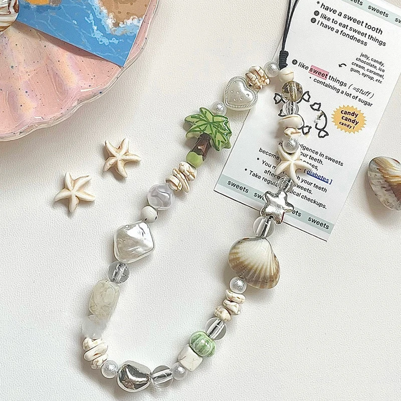 Creative Fresh Seashells Beaded Phone Chain Anti-loss Phone Strap Charm Cute Pendant Lanyard For Girl Cell Phone Wrist Strap