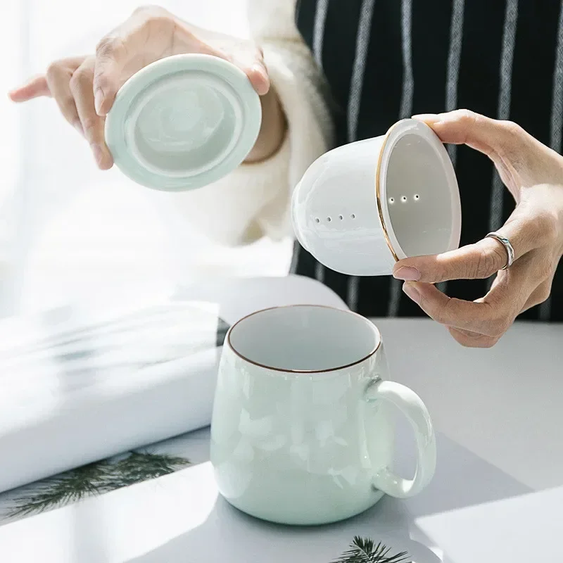 Ceramic Simple Tea Mug Porcelain Water Separation Cup with Lid and Filter Practical Home Office Teacup Drinkware