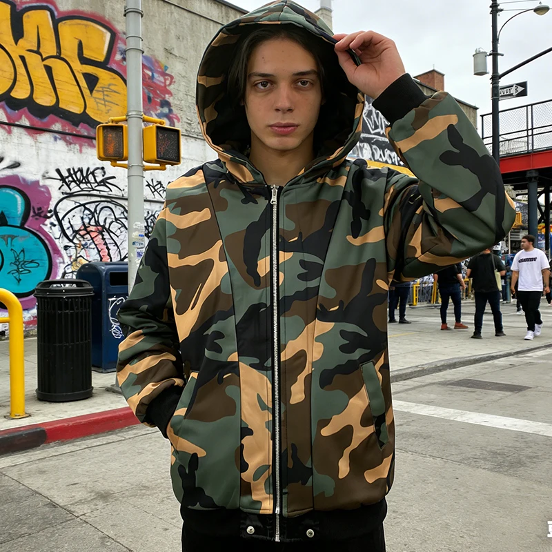 

Winter American High Street Camouflage Double-sided Design Trendy Fashionable Warm Loose Hooded Zipper Cardigan Top Men Women's
