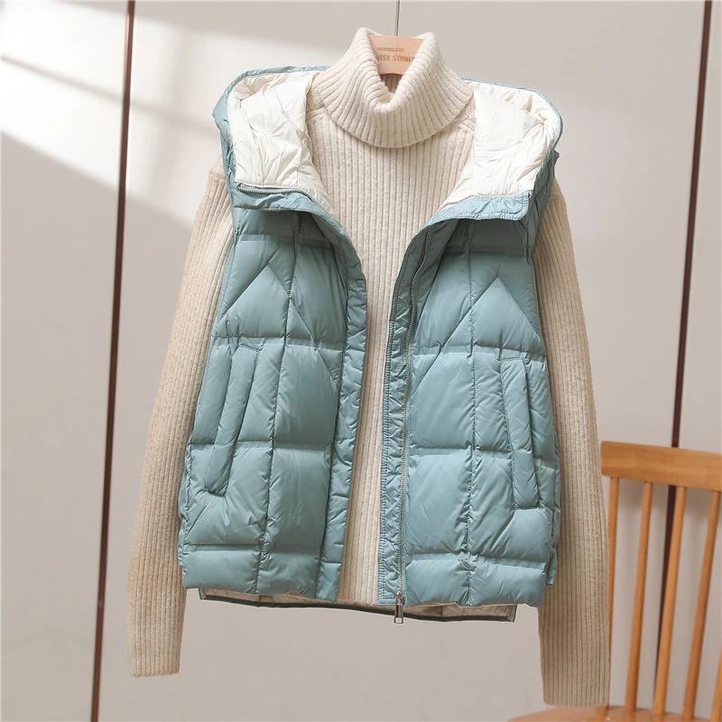 Winter Women Fashion Hooded 90% White Duck Down Ultra Light Down Vest 2024 New Arrivals Female Korean Sleeveless Warm Coat