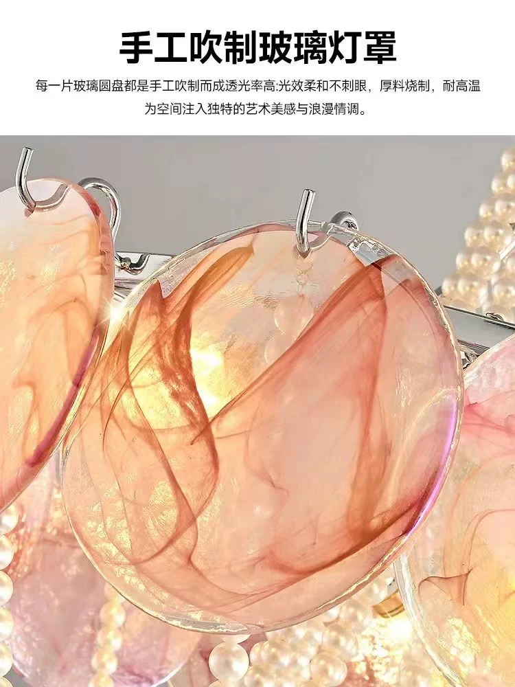 Lámpara de cristal de Murano con cadenas de perlas para sala de estar, comedor, dormitorio, lámpara colgante redonda de cristal colorido, lámpara con marco cromado