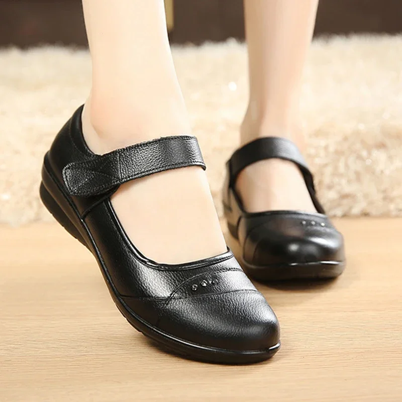 Leather Women Mary Jane shoes ankle strap round toe slip on breathable comfortable office career party work dress shoes