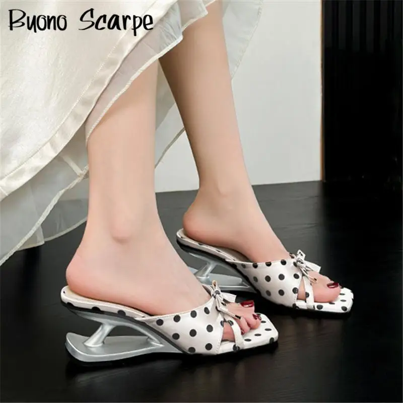 

Женские сандалии в западном стиле в горошек с узлом-бабочкой и квадратным носком, необычные женские сандалии на высоком каблуке, однотонные модные элегантные пикантные туфли без шнуровки