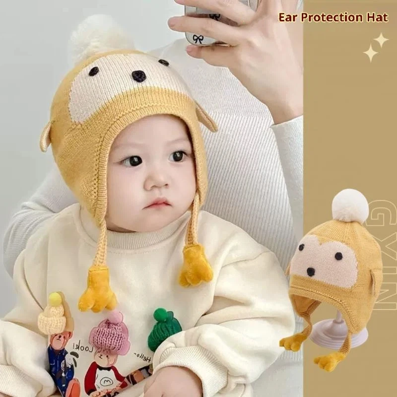 

Детская вязаная шапка с милым мультяшным пингвином для мальчиков и девочек, осенне-зимняя теплая шапка с защитой ушей, толстая вязаная шапка, аксессуар для одежды