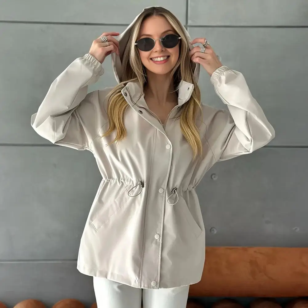 Windproof Outwear with Pockets Windbreaker Jacket for Women Snap Buttons Zip Up Hoodie Jacket Waist Drawstring for Travel Outdoo