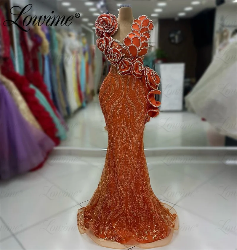 2024 Aso Ebi Orange Party Dress per matrimoni sirena cristalli in rilievo lungo compleanno abiti da fidanzamento Robe De Soiree abito da sera