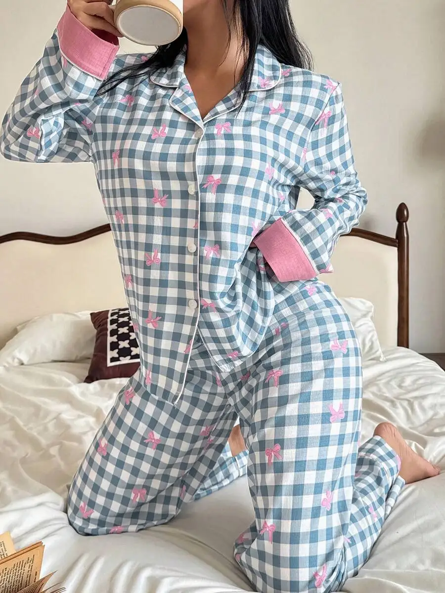 

Plaid Bow Print Women Pajama Set Long Sleeve Sleepwear Cozy Elegant Fall Winter