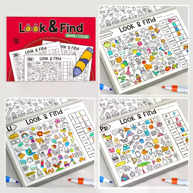 Juego de juguetes estimulantes cerebrales para niños: libro de rompecabezas Look & Find con actividades de colores y formas