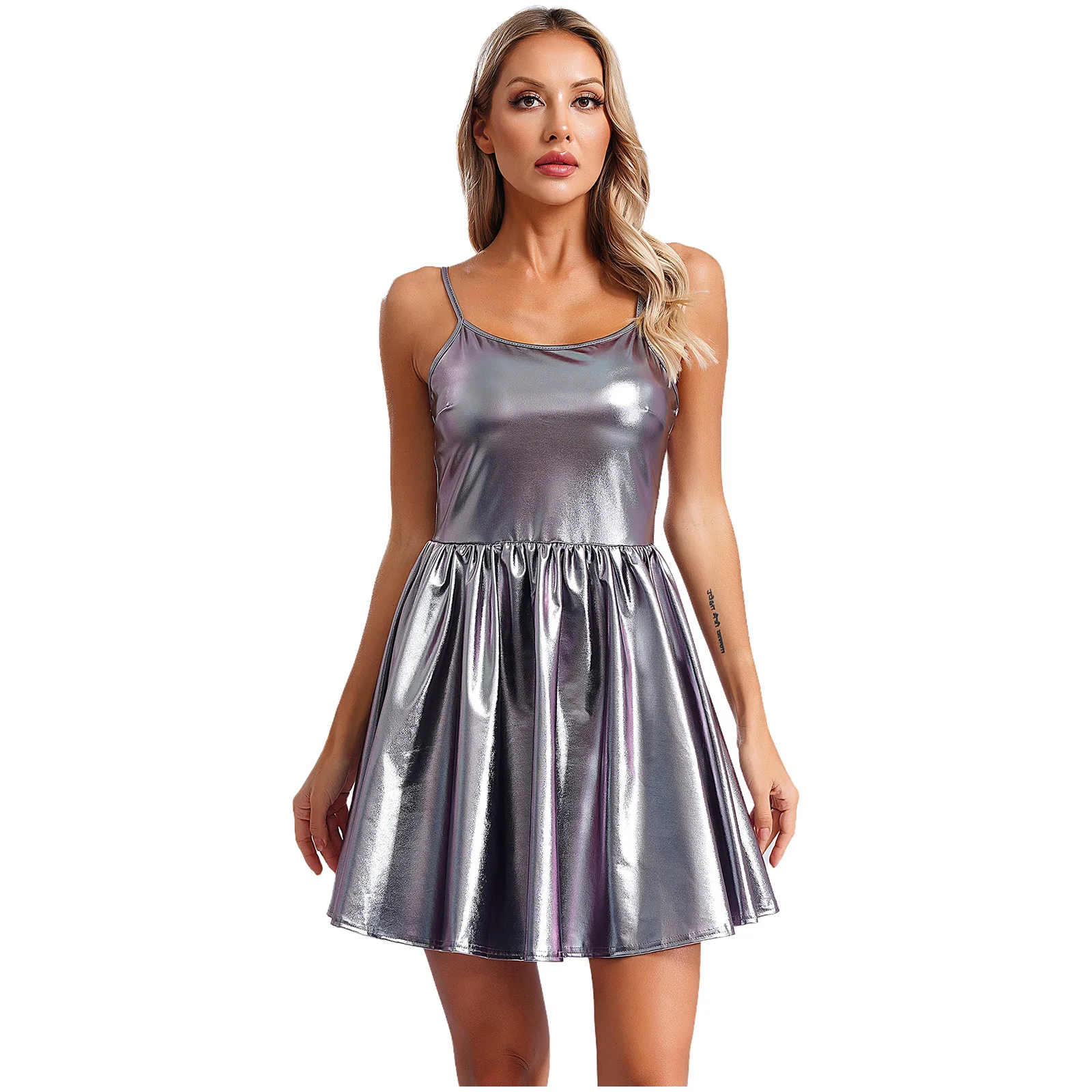 Abito da donna in pelle verniciata Club Cami Abito corto a trapezio a vita alta Costume da night club rave metallizzato lucido per pole dance