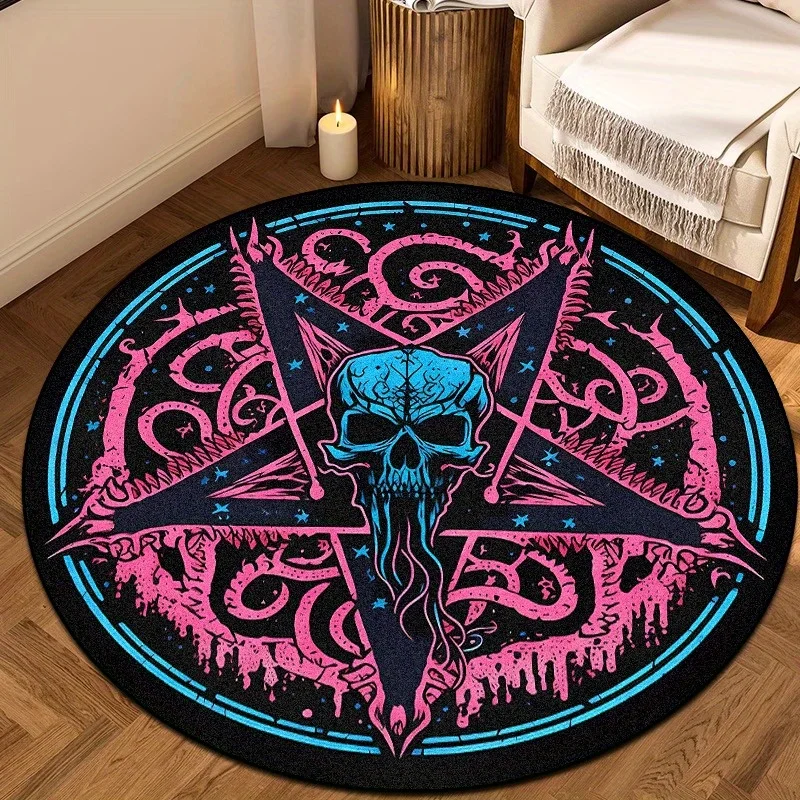 VIKAMA Gothic Pentagram Skull Round Area Rug Pink Blue Dark Occult Non Slip Floor Mat Bedroom Living Room Cool Home Decor