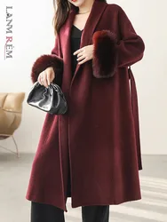 [LANMREM] Faux Pelz Woolen Mäntel Für Frauen Revers Gürtel Versammelt Taille Warme Lange Outwear Weibliche Kleidung 2024 Winter neue 26C1196