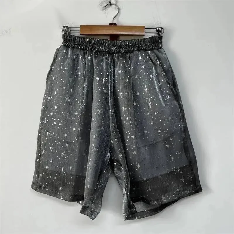 Star Print Sheer Organza Shorts Mens Elastic Waist Loose High Street Chic Daily Fashion Glitter Casual Bottom CS35