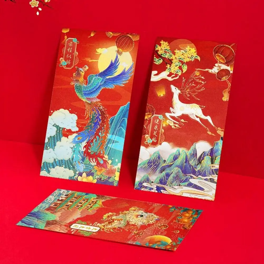 

Creative 6Pcs Crane Spring Festival Decoration Hot-Stamping Lucky Money Red Pocket Red Envelope Bless Pocket Chinese New Year