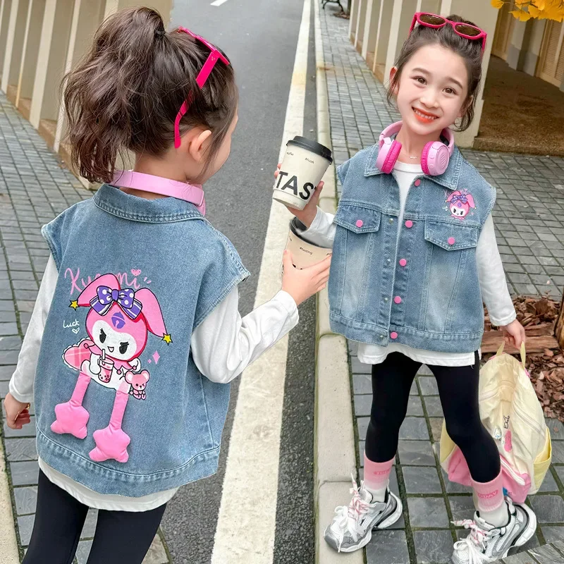 Sanrios Cowboy Vest Kuromi My Melody Girl Coat Autumn New Wear Outside Child Clothing Spring Sleeveless Kawaii Cartoon Jacket