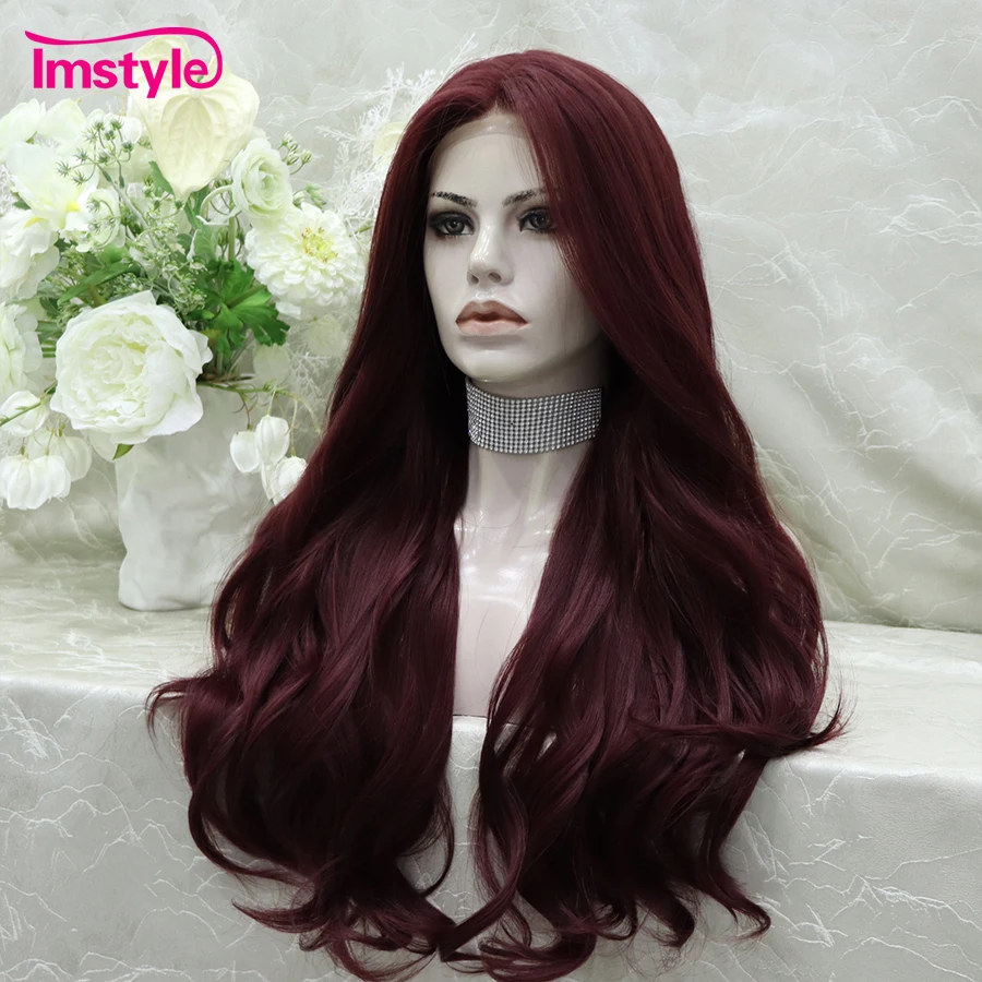 Peruca frontal de renda sintética para mulheres, peruca de cobre vermelho escuro, linha fina natural, peruca ondulada longa, resistente ao calor,