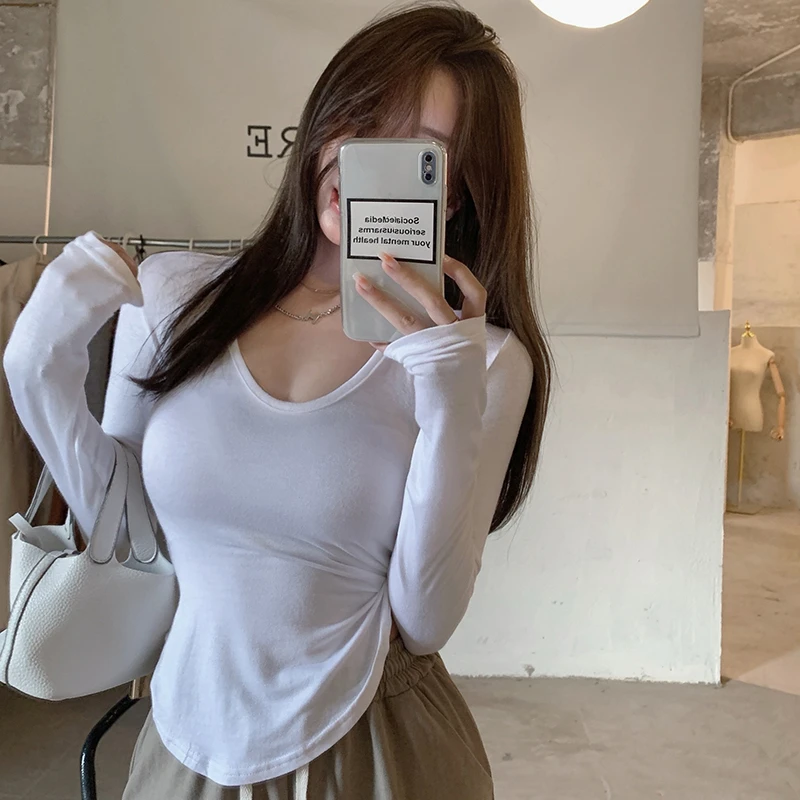 Autumn Korean Fashion Y2K T-shirt Woman Japanese V-neck Sexy Tee Shirt Women Skinny Slim Corset Vitnage Black White Pink Tops