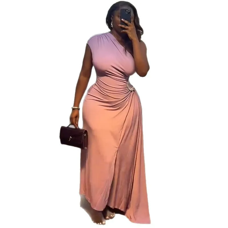 2025 verão nova moda feminina elegante gola assimétrica plissado strass cintura-cinching irregular vestido longo feminino elegante