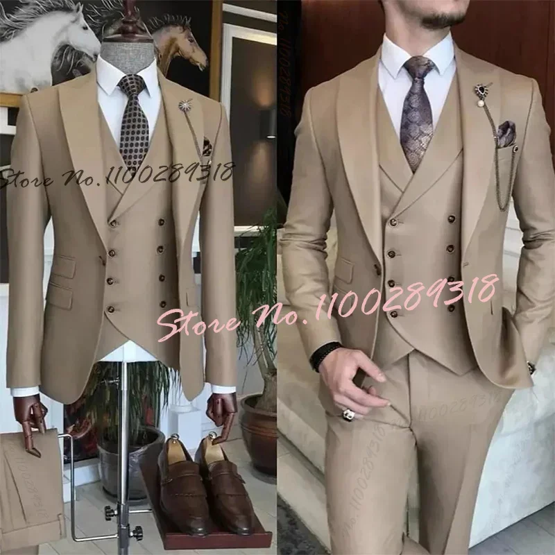 

2024 New Khaki Luxury Men Suits Set Slim Fit Formal Wedding Groom Wear Tuxedos Terno Masculino Custom 3 Piece(Blazer+Vest+Pants)