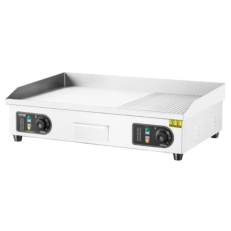 

Adjustable Temp Commercial Electric Griddle 2800W Countertop Half Flat Top Grill Stainless Steel With 2 Shovels 2 Brushes