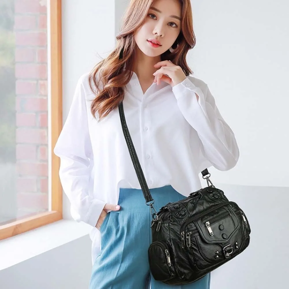 

Black Handbag Retro Tote Bag Texture Leather Magnetic Button Contrast Color Shoulder Bag Classic Multi-pockets